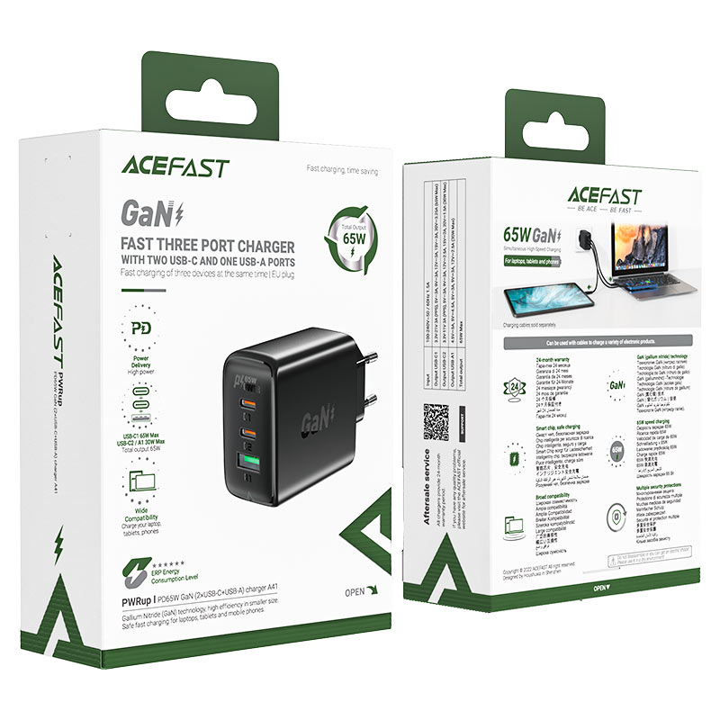 Acefast A41 PD65W GaN (2*USB-C+USB-A) charger